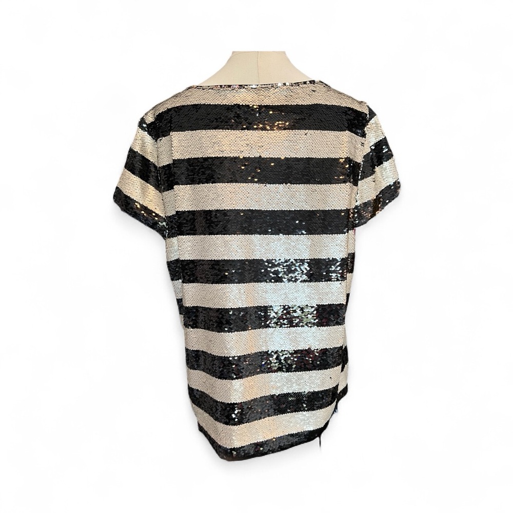 🆕 🖤🤍 NWOT VINCE CAMUTO Sequin Black & White Striped Top | Sz XL - Picture 4 of 7